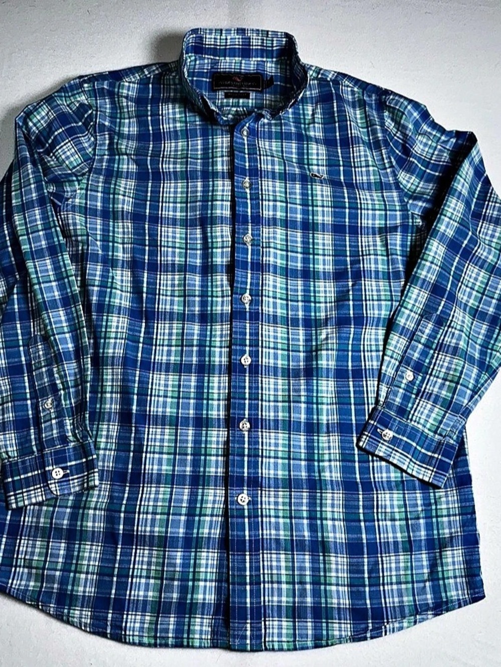 Vineyard Vines Whale Shirt Plaid Cotton Button Down Blue & Green XL